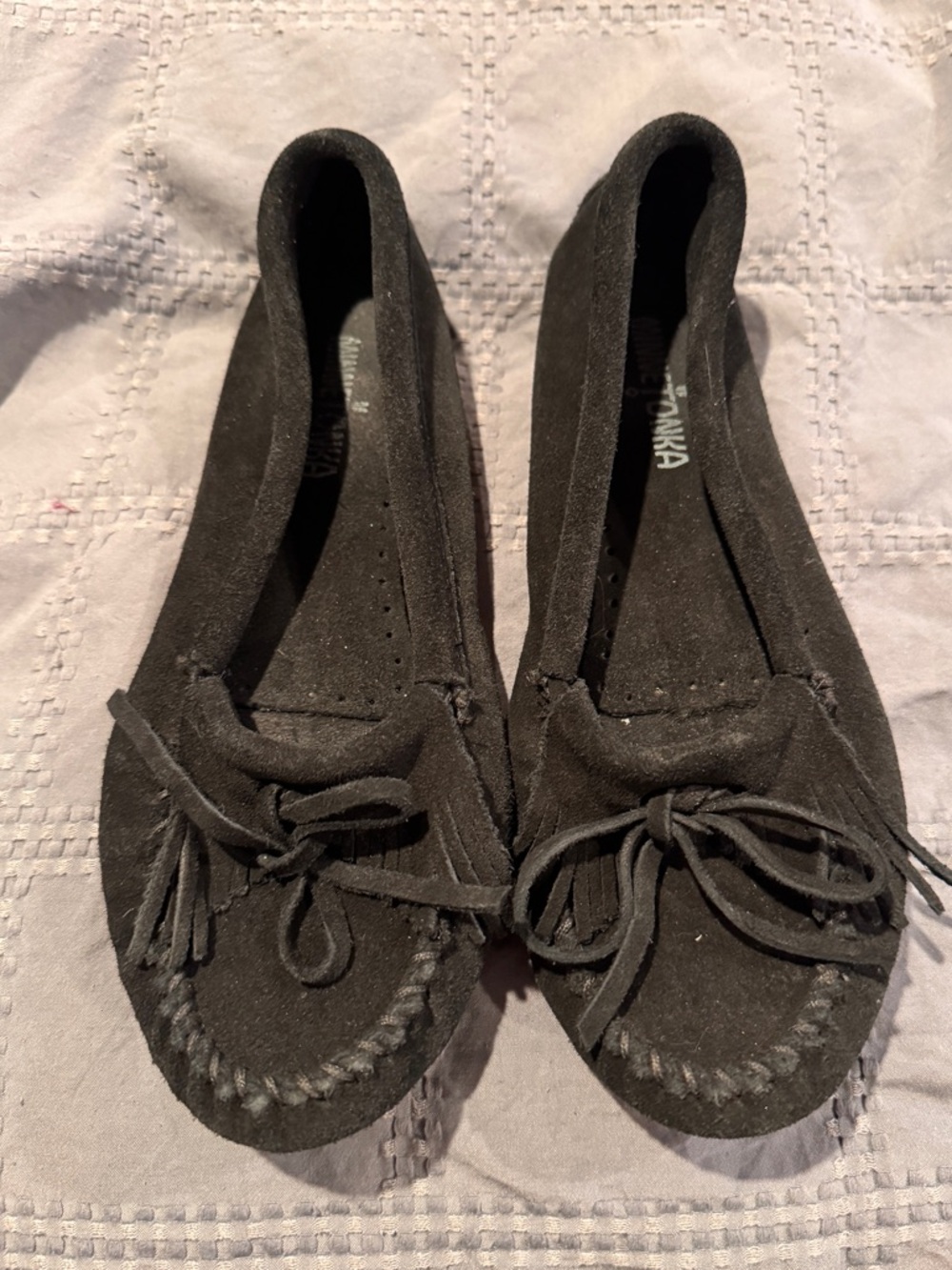Minnetonka Black Suede Moccasin Flats with Bow